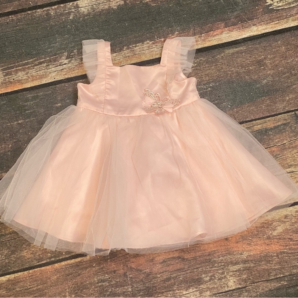 Rare Editions Blush Pink 6-9 Months Girls Dress with Tulle and Butterfly